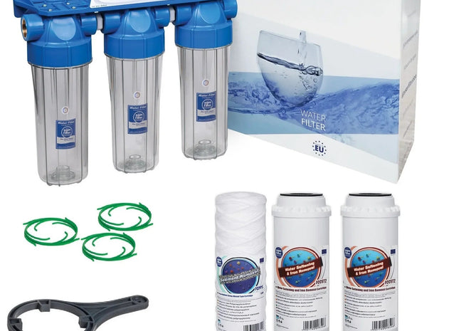 3 Stage 10" Water purifier softening and iron reducing filter kit 3/4" - GroAqua