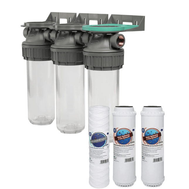 3 Stage 10" Water purifier softening and iron reducing filter kit 3/4" - GroAqua