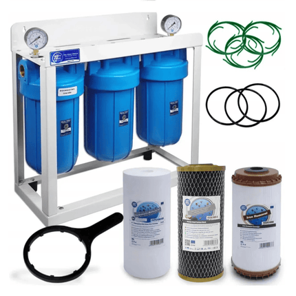 3 Stage Big Blue 10" Water purifier dechlorinator and iron reducing filter kit - GroAqua