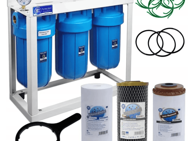 3 Stage Big Blue 10" Water purifier dechlorinator and iron reducing filter kit - GroAqua