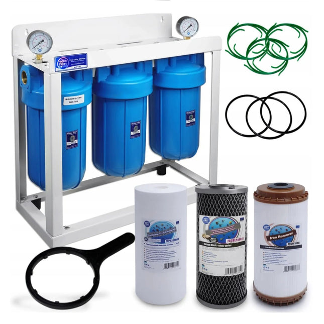 3 Stage Big Blue 10" Water purifier dechlorinator and iron reducing filter kit - GroAqua