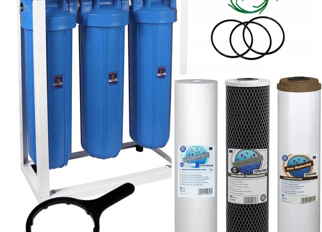 3 Stage Big Blue 20" Water purifier dechlorinator and iron reducing filter kit - GroAqua