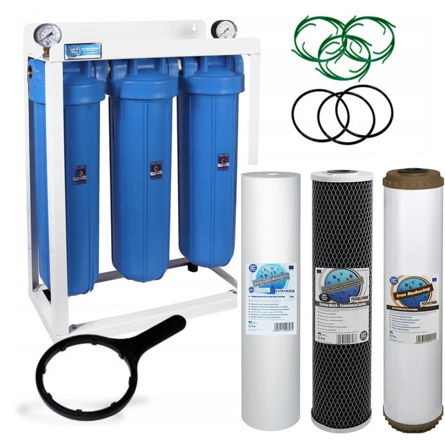 3 Stage Big Blue 20" Water purifier dechlorinator and iron reducing filter kit - GroAqua