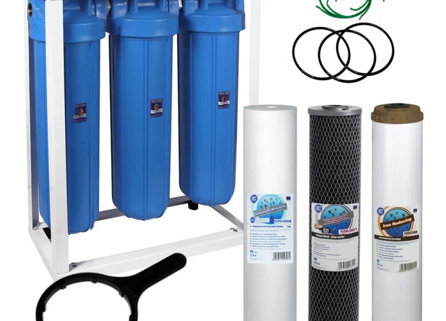 3 Stage Big Blue 20" Water purifier dechlorinator and iron reducing filter kit - GroAqua