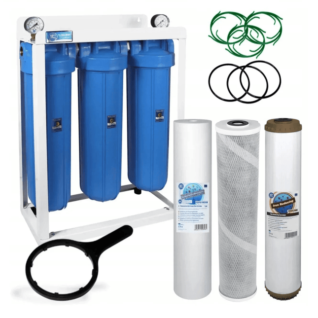 3 Stage Big Blue 20" Water purifier dechlorinator and iron reducing filter kit - GroAqua
