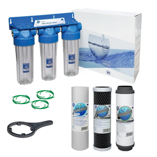 3 Stage 10" Water purifier and dechlorinator filter kit 1/2" Ports Whole House System Aquafilter   