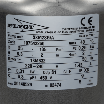 Flygt Submersible Electric Pump SXM2/A Flygt 0.25kW 135l/m Pond Pump Flygt