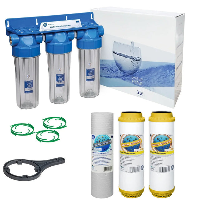 3 Stage 10" Water purifier and softening filter kit 3/4" Ports Whole House System Aquafilter   