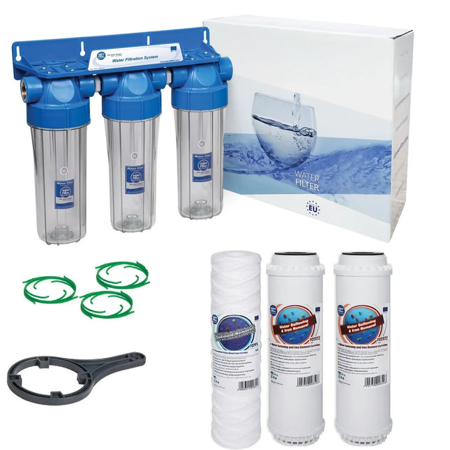 3 Stage 10" Water purifier softening and iron reducing filter kit 3/4" Whole House System Aquafilter   